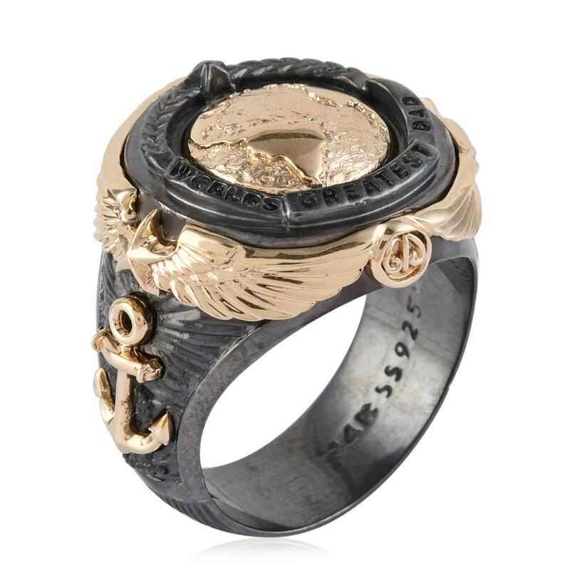 Galatea EI Capitan Collection 14K Yellow Gold and Black Rhodium Sterling Silver World's Greatest Dad Ring (Size 9.0) 18.30 Grams