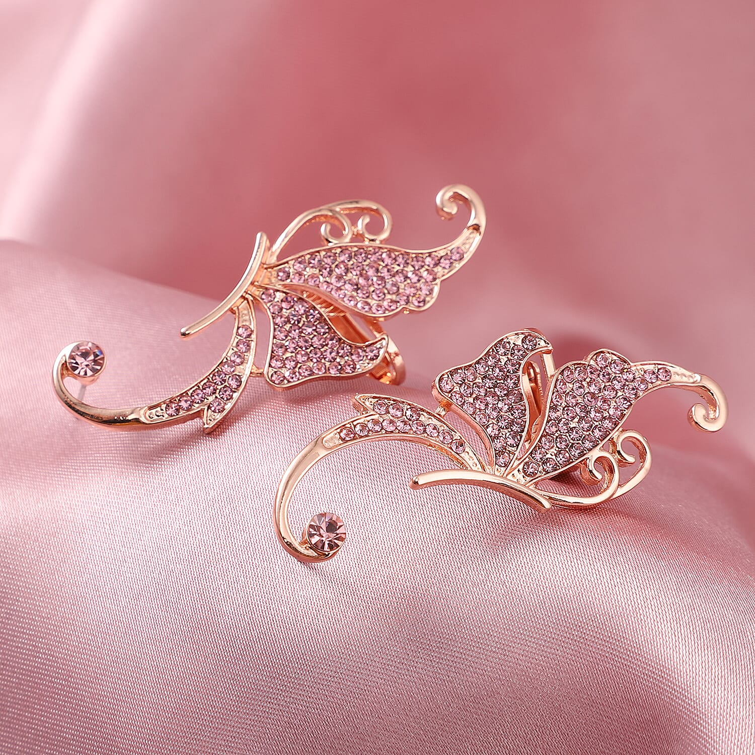 Pink Austrian Crystal Climber Earrings in Rosetone
