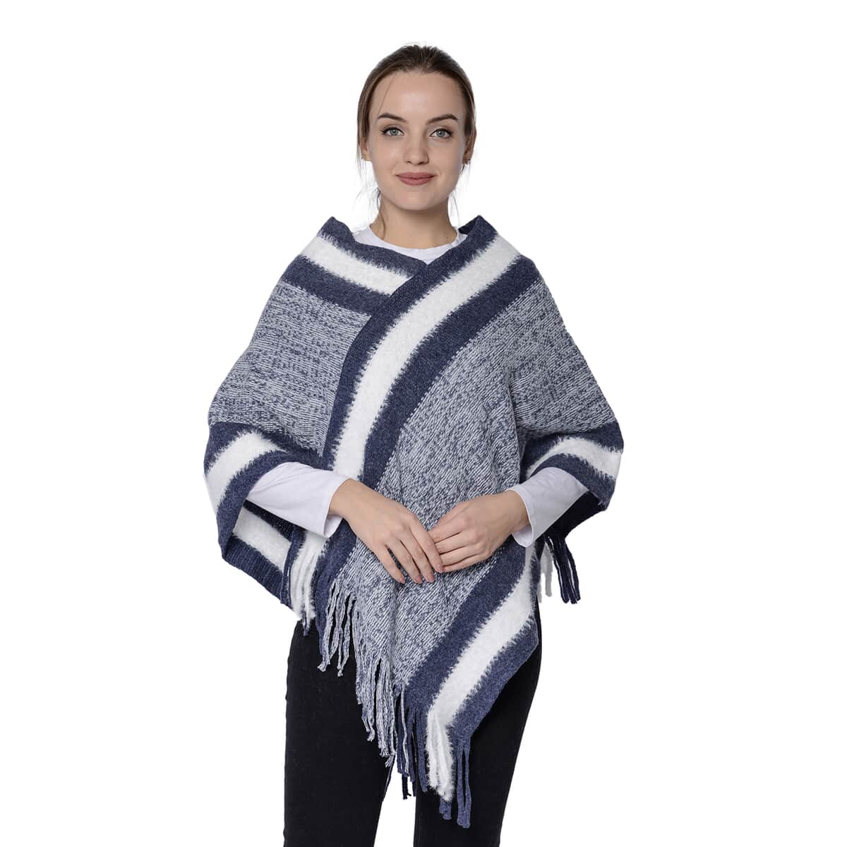Black Striped Border Poncho with Fringe (36"x32.5", 70% Acrylic and 30% Polyester) image number 0