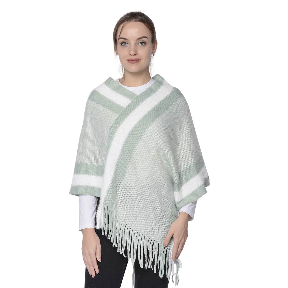 Seafoam Green Striped Border Poncho with Fringe (70% Acrylic and 30% Polyester) image number 0