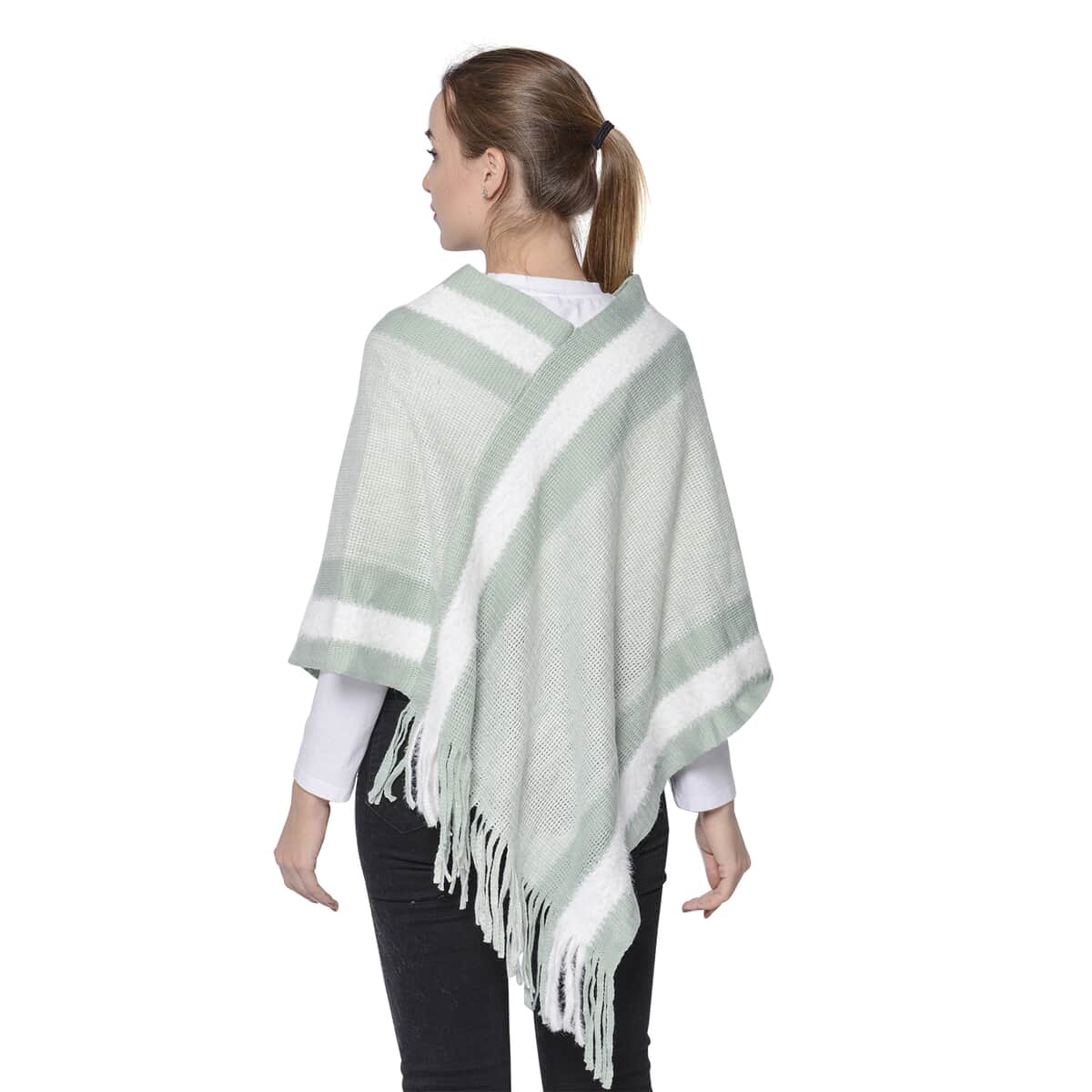 Seafoam Green Striped Border Poncho with Fringe (70% Acrylic and 30% Polyester) image number 1