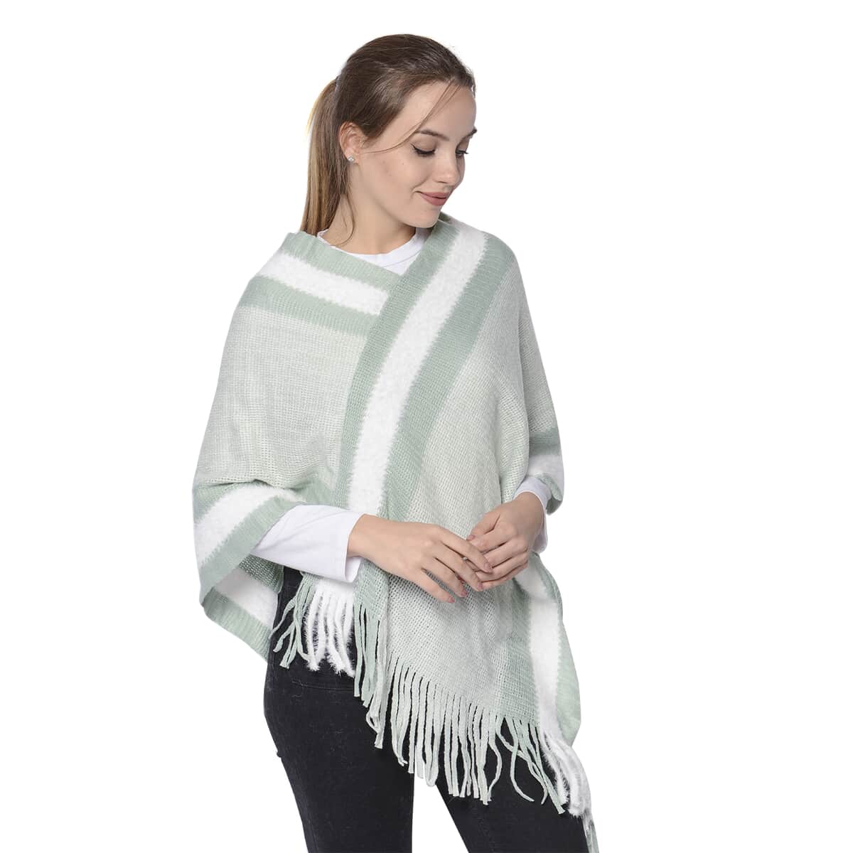 Seafoam Green Striped Border Poncho with Fringe (70% Acrylic and 30% Polyester) image number 2