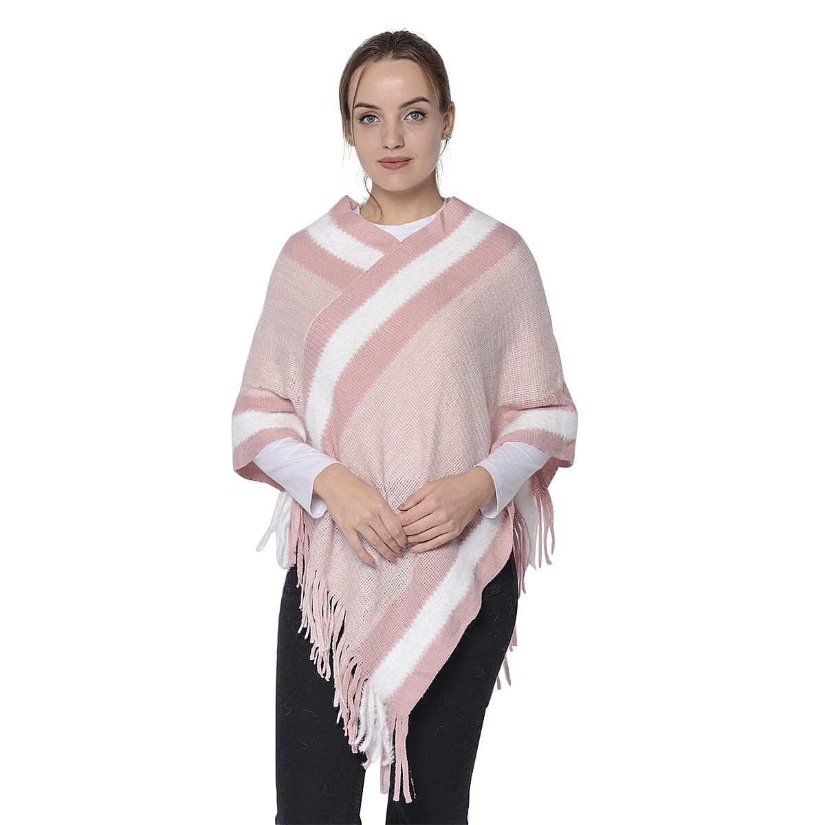 Blush Striped Border Poncho with Fringe (One Size Fits Most) image number 0