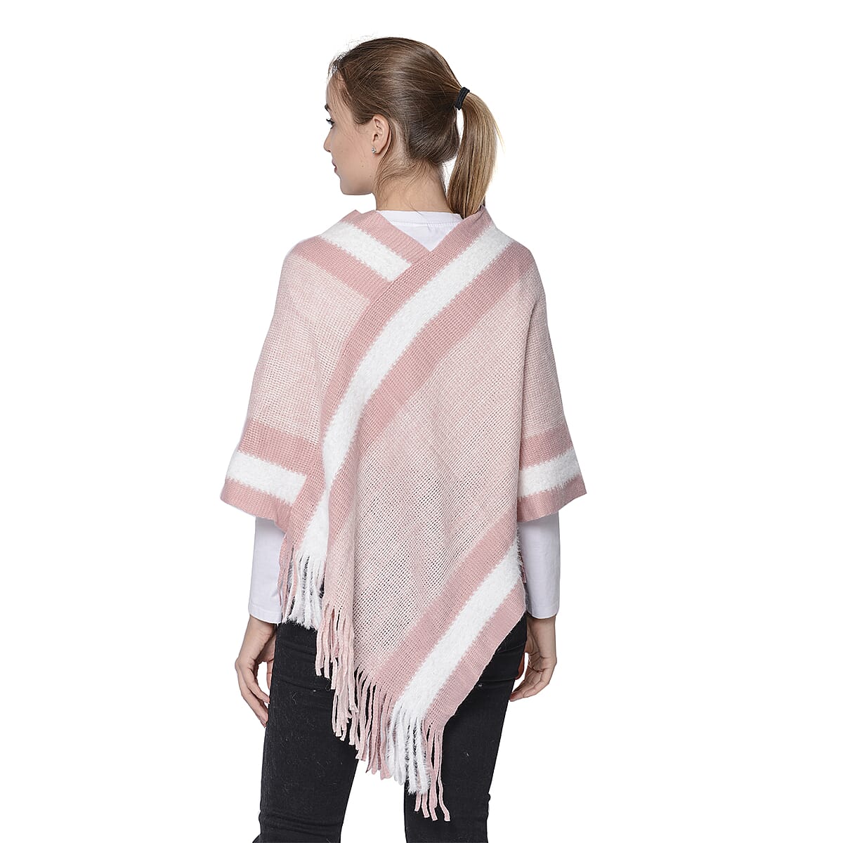Blush Striped Border Poncho with Fringe (One Size Fits Most) image number 1