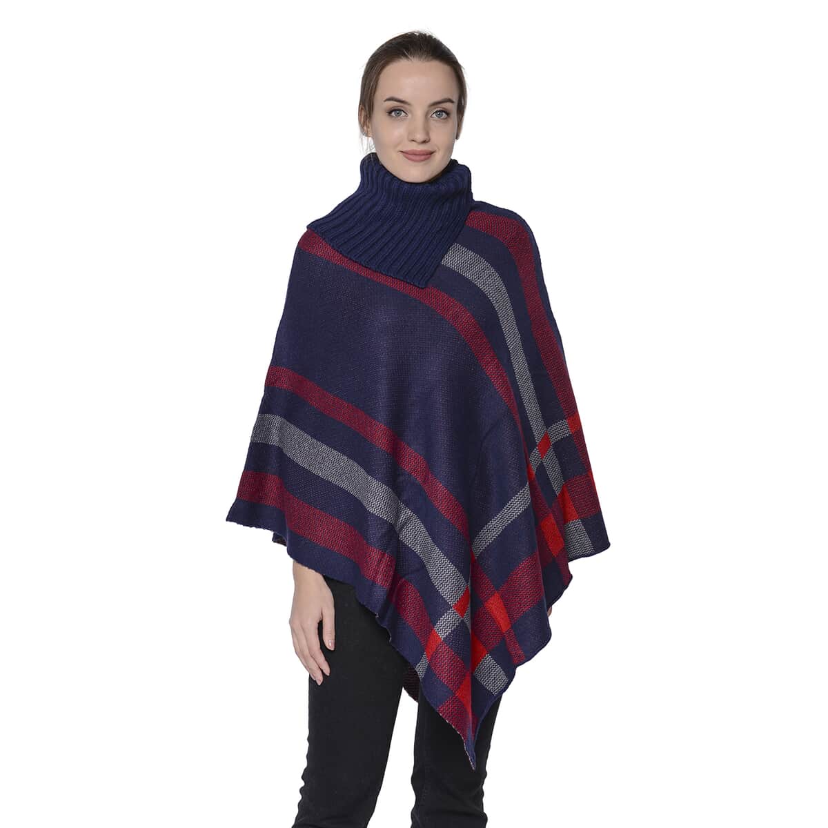 Black Plaid Pattern Split Cowl Neck Poncho (One Size Fits Most, 100% Acrylic) image number 0