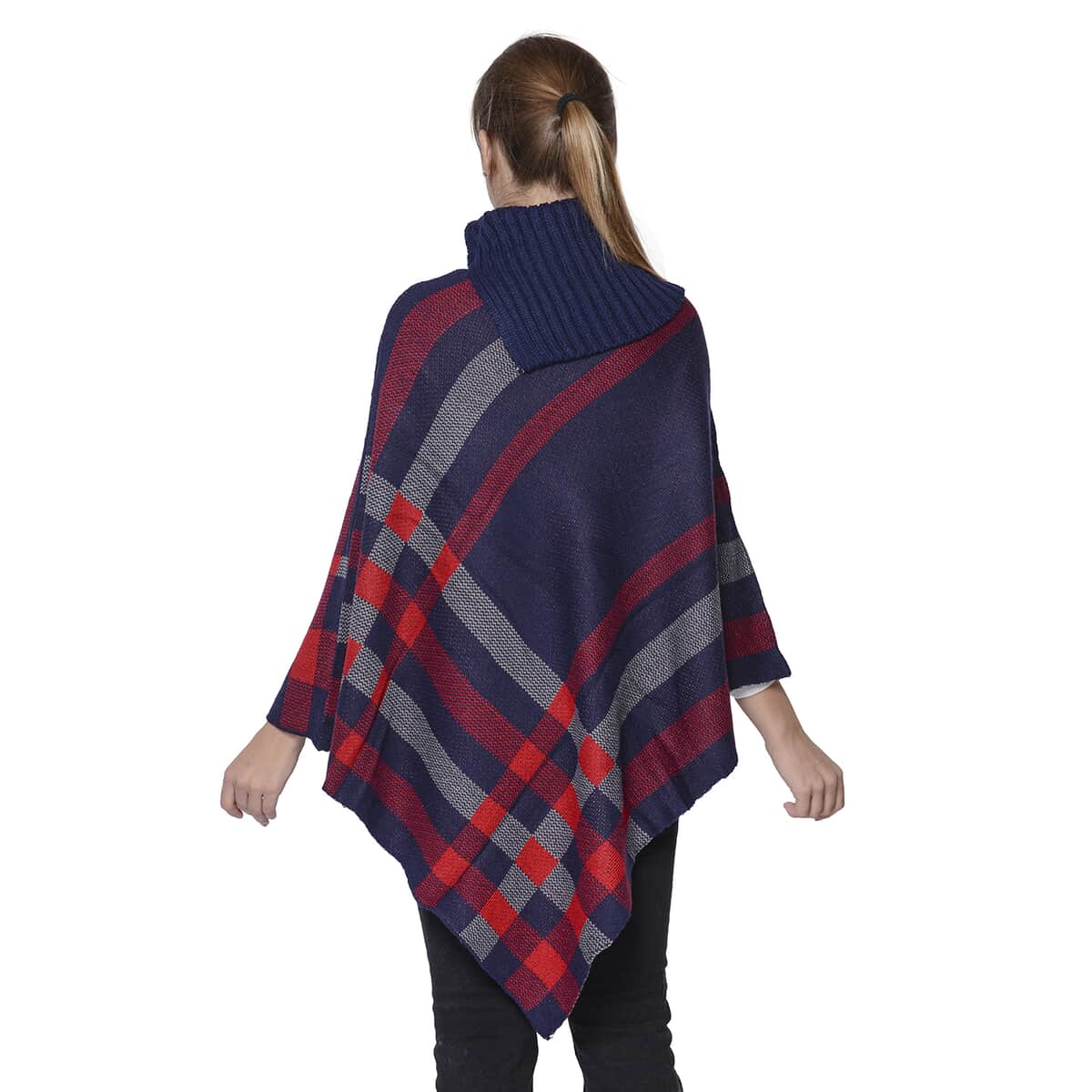 Black Plaid Pattern Split Cowl Neck Poncho (One Size Fits Most, 100% Acrylic) image number 1