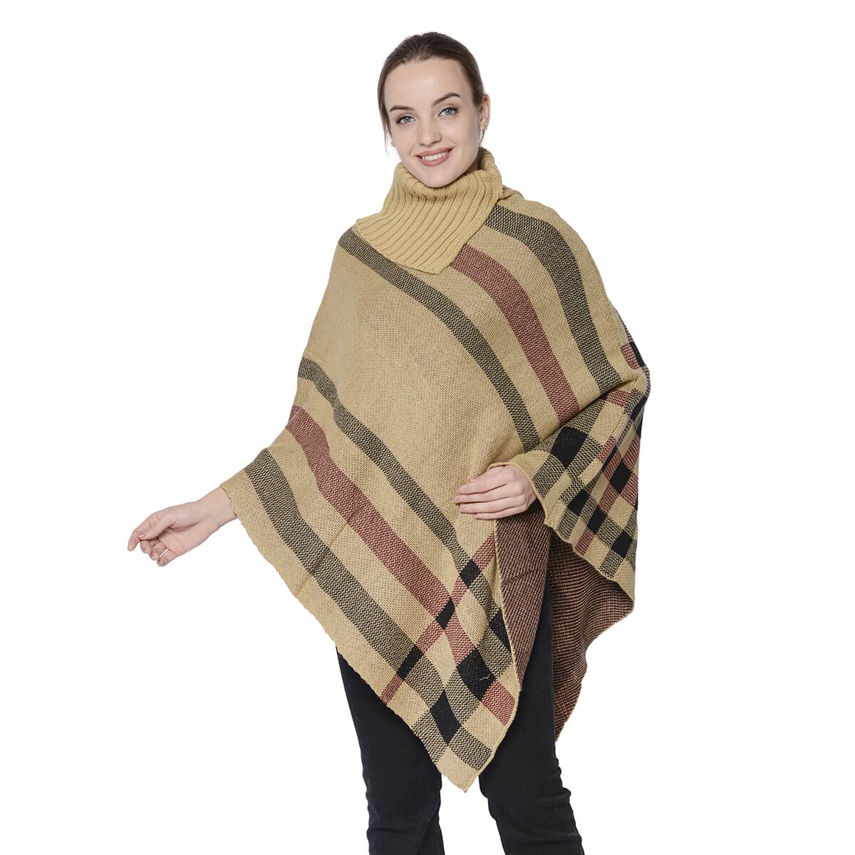 Tan Plaid Pattern Split Cowl Neck Poncho (One Size Fits Most, 100% Acrylic) image number 0