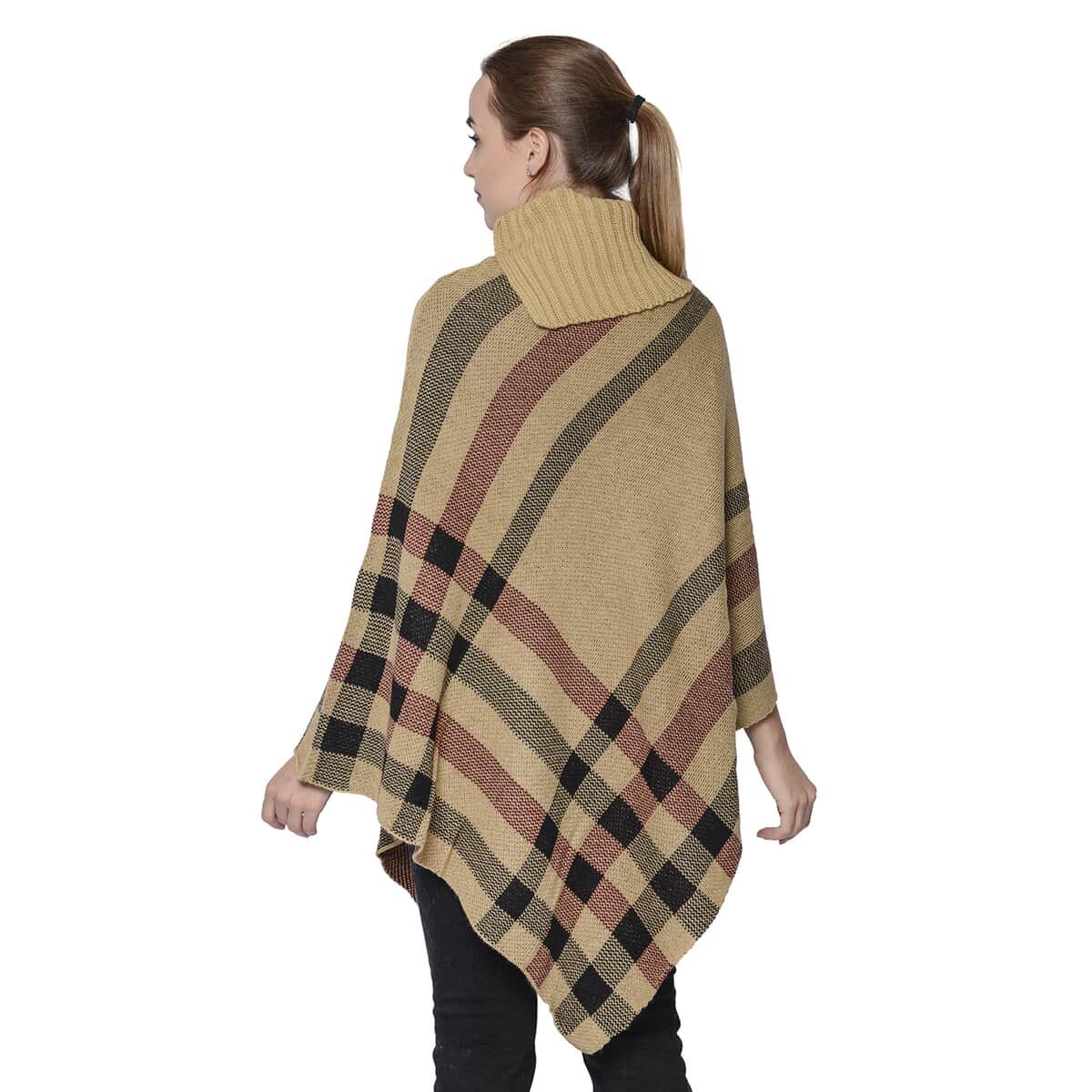 Tan Plaid Pattern Split Cowl Neck Poncho (One Size Fits Most, 100% Acrylic) image number 1