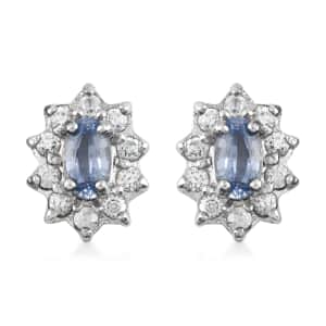 Ceylon Blue Sapphire, White Zircon Floral Stud Earrings in Platinum Over Sterling Silver 1.20 ctw