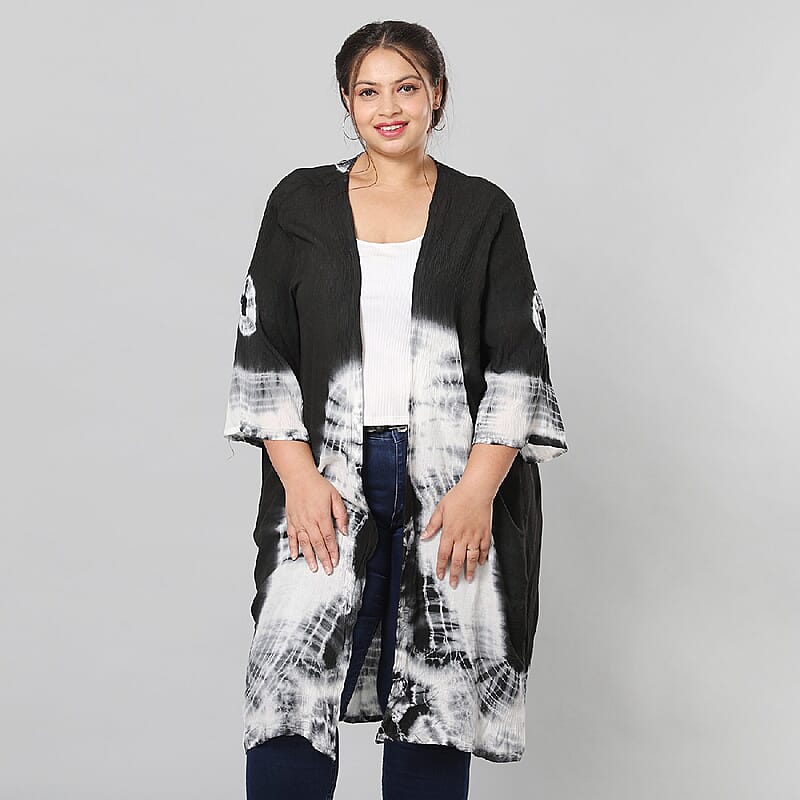 Black and White Tie Dye Kimono Duster with Bell Sleeves - One Size Fits Most