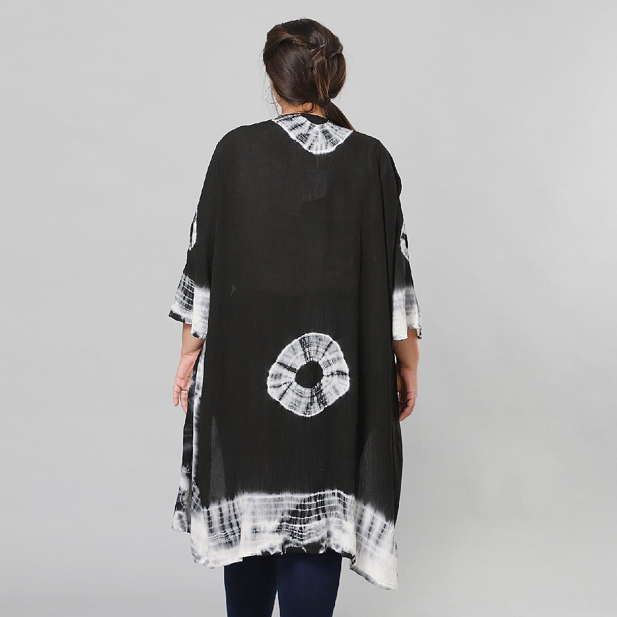 Black and White Tie Dye Kimono Duster with Bell Sleeves - One Size Fits Most