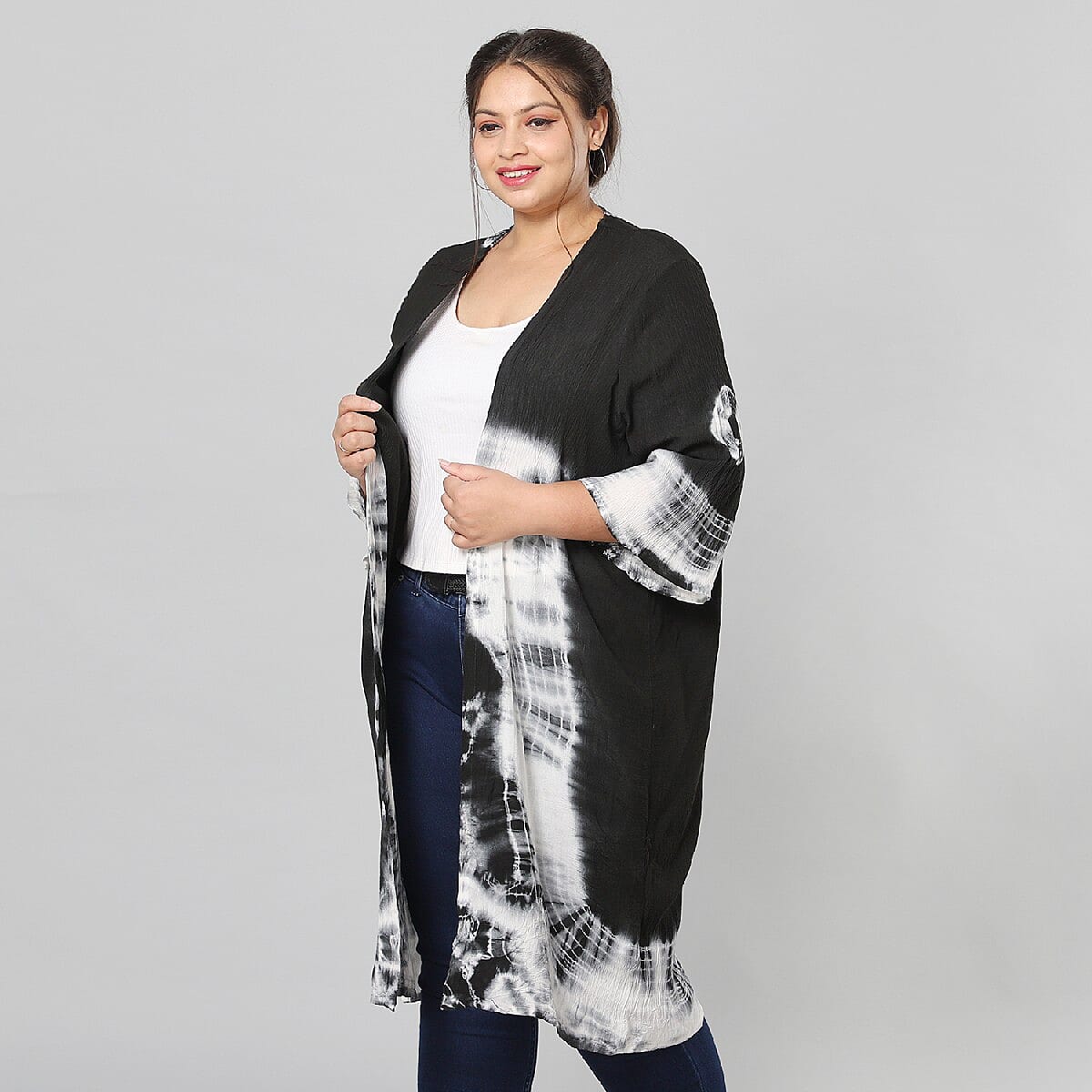 Black and White Tie Dye Kimono Duster with Bell Sleeves - One Size Fits Most