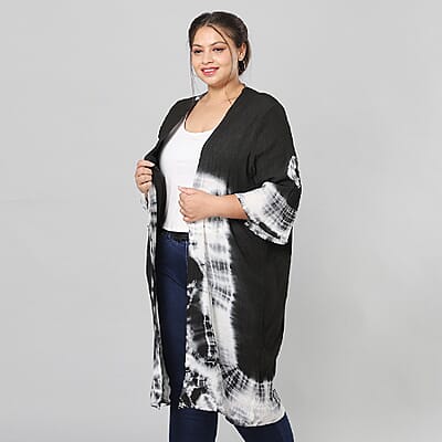 Black and White Tie Dye Kimono Duster with Bell Sleeves - One Size Fits Most
