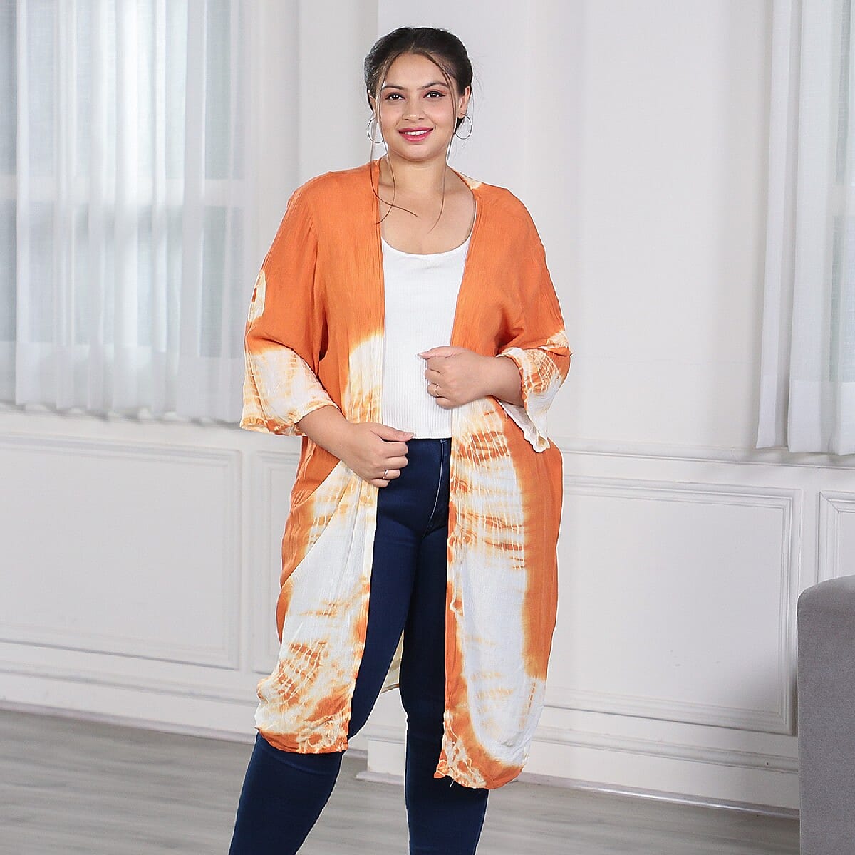 Orange & White Tie Dye Kimono Duster with Bell Sleeves - One Size Fits Most image number 1