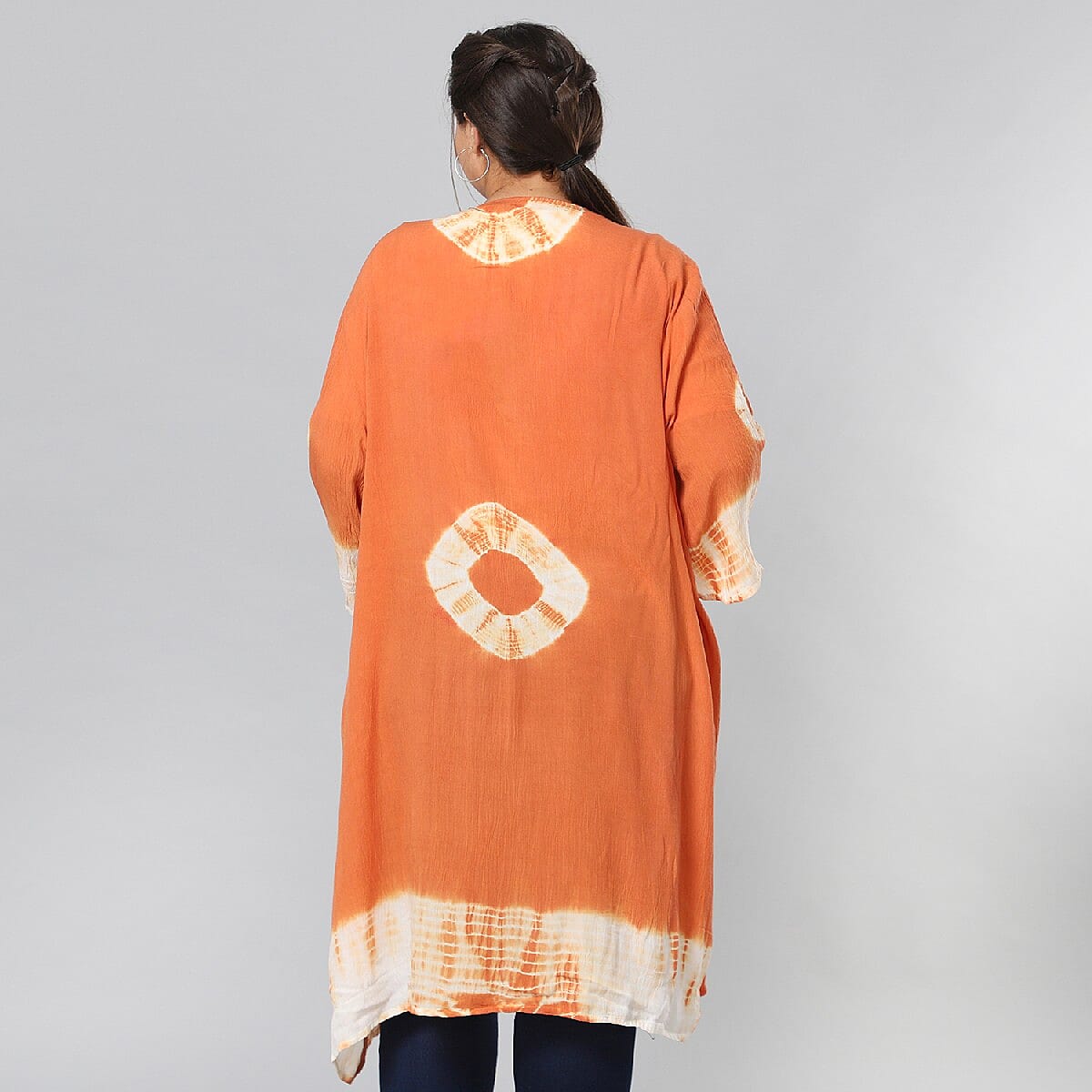 Orange & White Tie Dye Kimono Duster with Bell Sleeves - One Size Fits Most image number 2