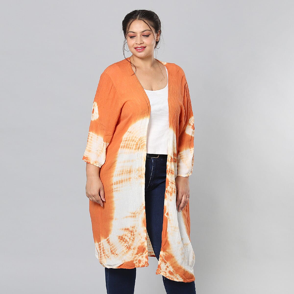 Orange & White Tie Dye Kimono Duster with Bell Sleeves - One Size Fits Most image number 3