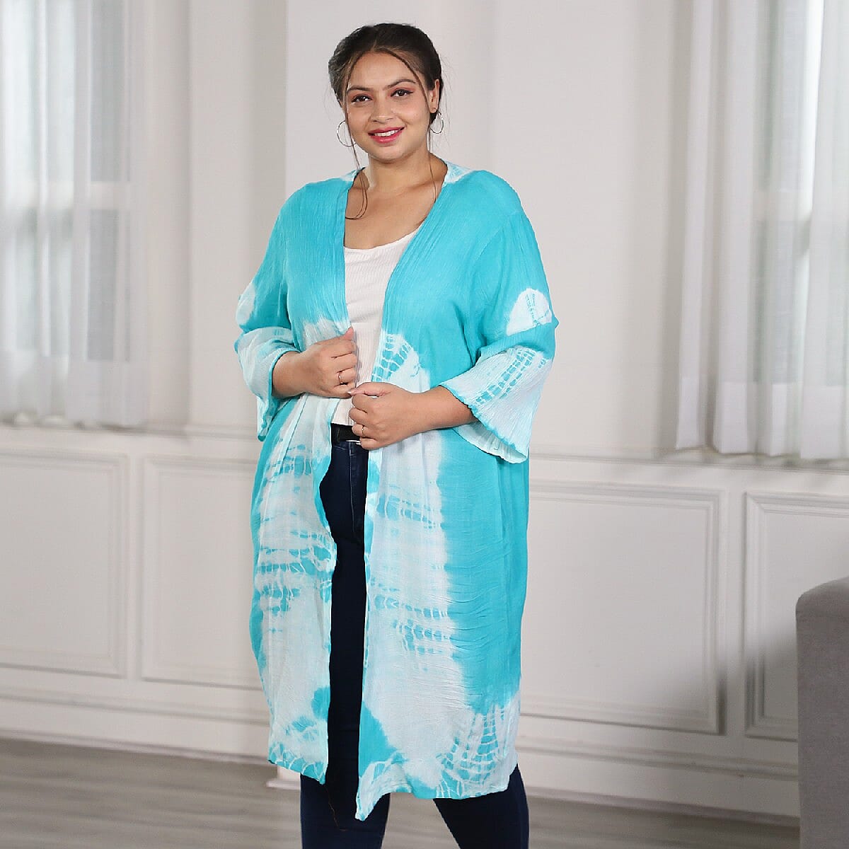 Turquoise and White Tie Dye Kimono Duster with Bell Sleeves - One Size Fits Most image number 1