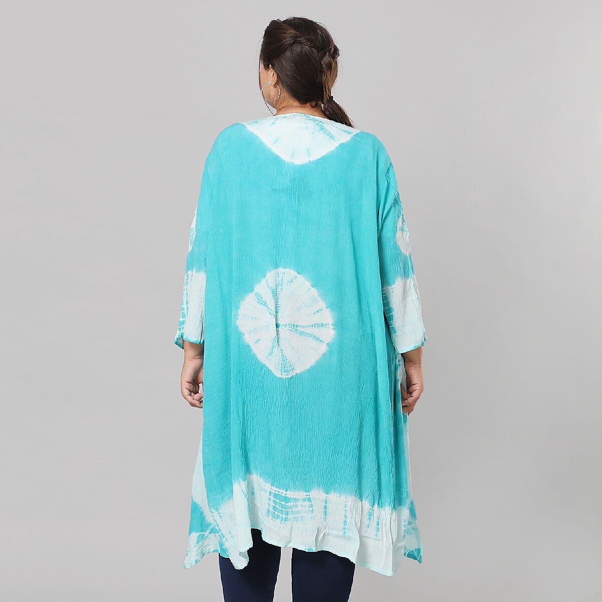 Turquoise and White Tie Dye Kimono Duster with Bell Sleeves - One Size Fits Most image number 2