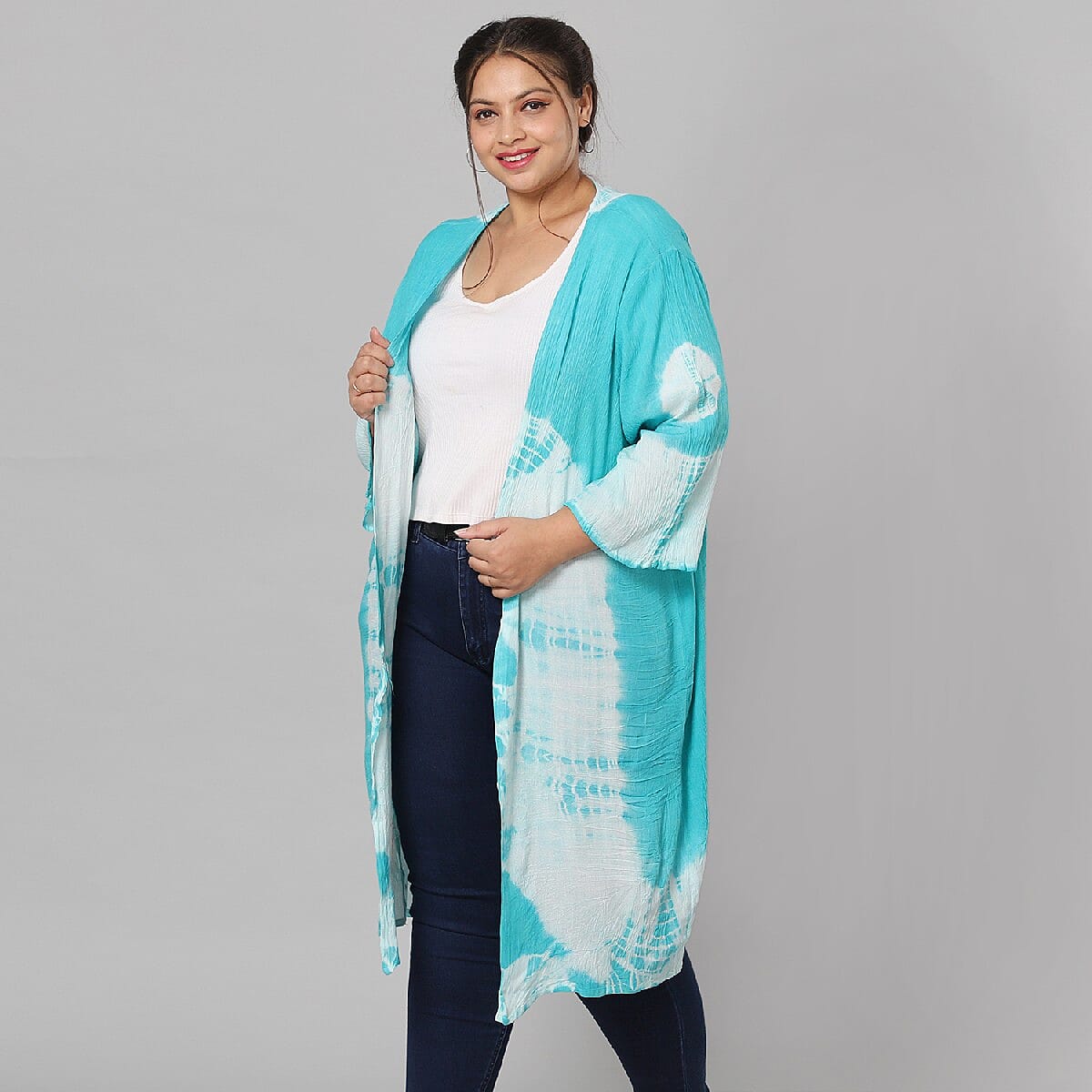 Turquoise and White Tie Dye Kimono Duster with Bell Sleeves - One Size Fits Most image number 3