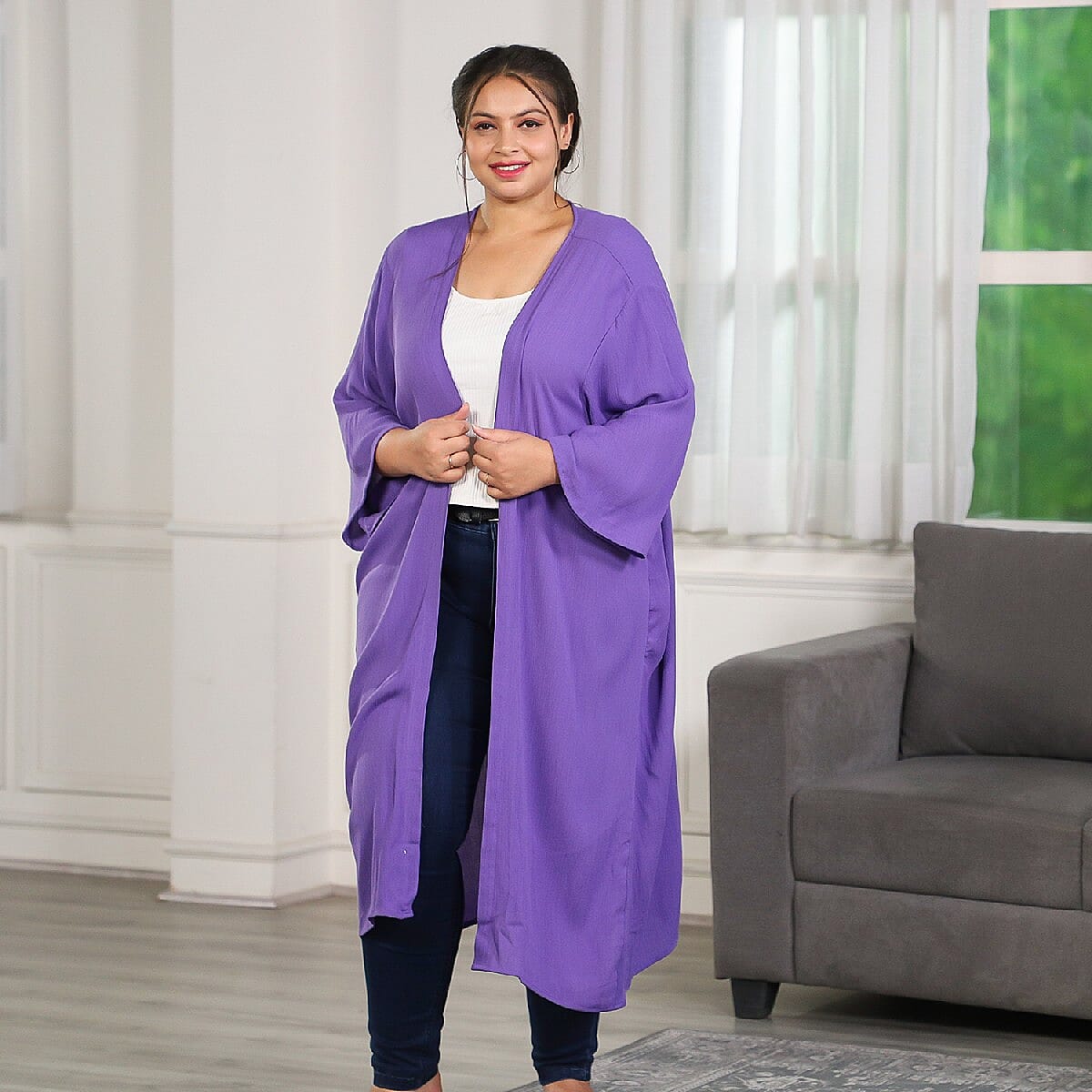 Purple Tie Dye Kimono Duster with Bell Sleeves - One Size Fits Most image number 1