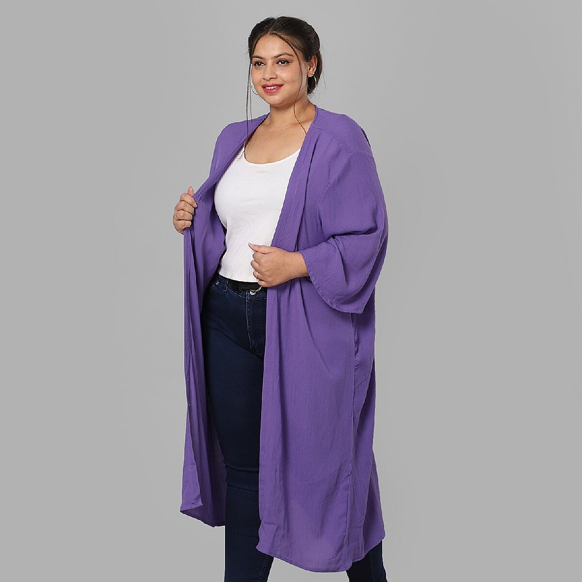 Purple Tie Dye Kimono Duster with Bell Sleeves - One Size Fits Most image number 3