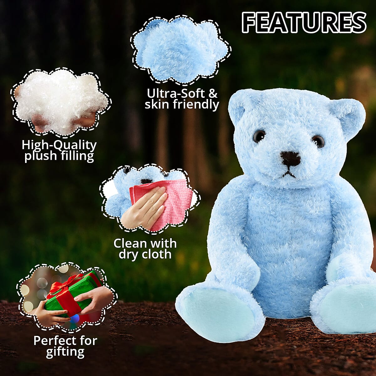 Plush Fabric, Soft-Toy, Huggable 12-inches Stuffed, Blue Teddy Bear image number 2