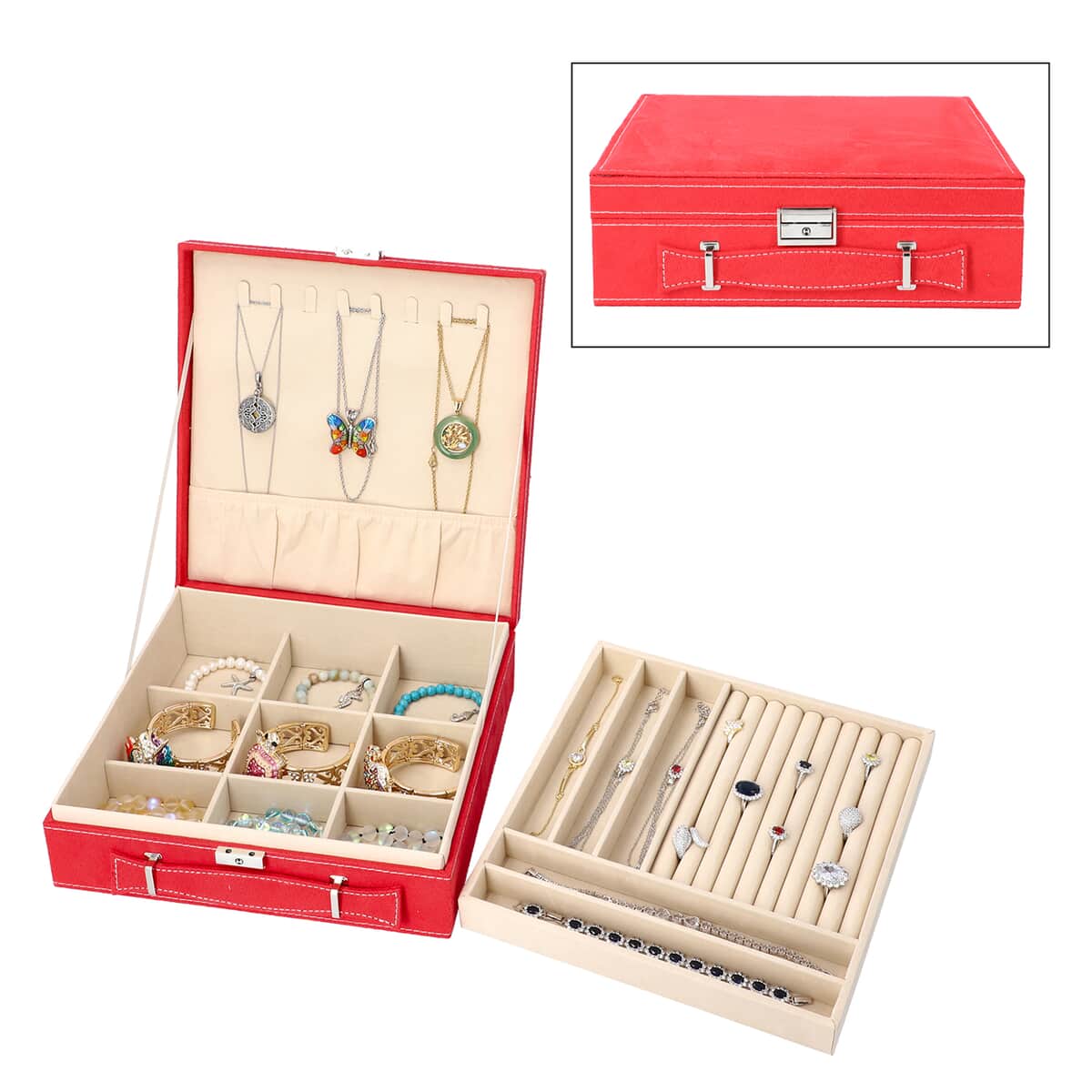 Red 2 Tier Velvet Jewelry Box with Anti Tarnish Lining & Lock (8 Necklace Hooks, 5 Bracelet Sections and Approx 54 Rings Slots) image number 0