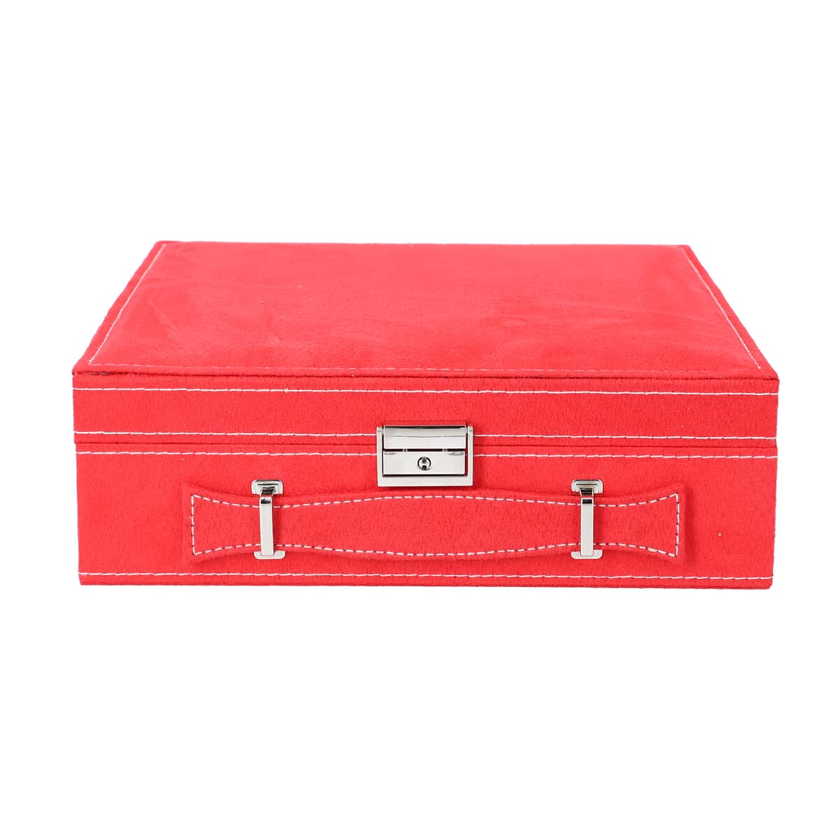 Red 2 Tier Velvet Jewelry Box with Anti Tarnish Lining & Lock (8 Necklace Hooks, 5 Bracelet Sections and Approx 54 Rings Slots) image number 1