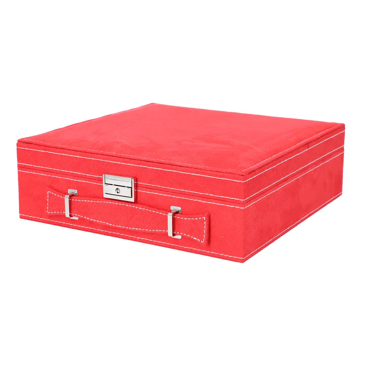 Red 2 Tier Velvet Jewelry Box with Anti Tarnish Lining & Lock (8 Necklace Hooks, 5 Bracelet Sections and Approx 54 Rings Slots) image number 2