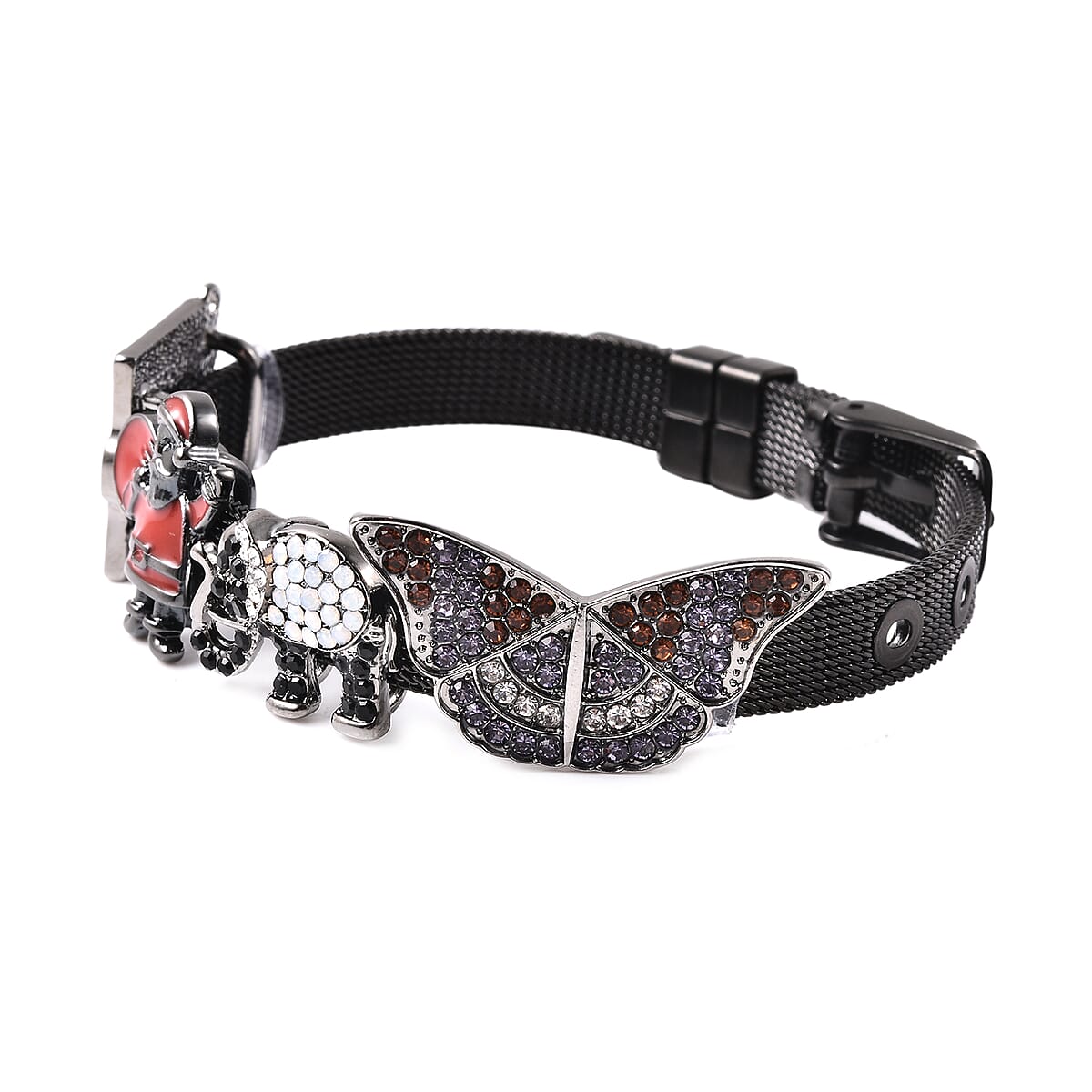 Multi Color Austrian Crystal Enameled Butterfly, Santa, Holy Bible and Elephant Charm Bracelet in Dark Silvertone (6.00-7.50In) image number 2