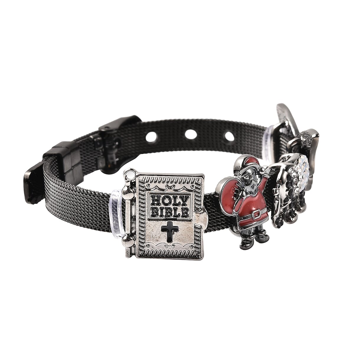 Multi Color Austrian Crystal Enameled Butterfly, Santa, Holy Bible and Elephant Charm Bracelet in Dark Silvertone (6.00-7.50In) image number 3