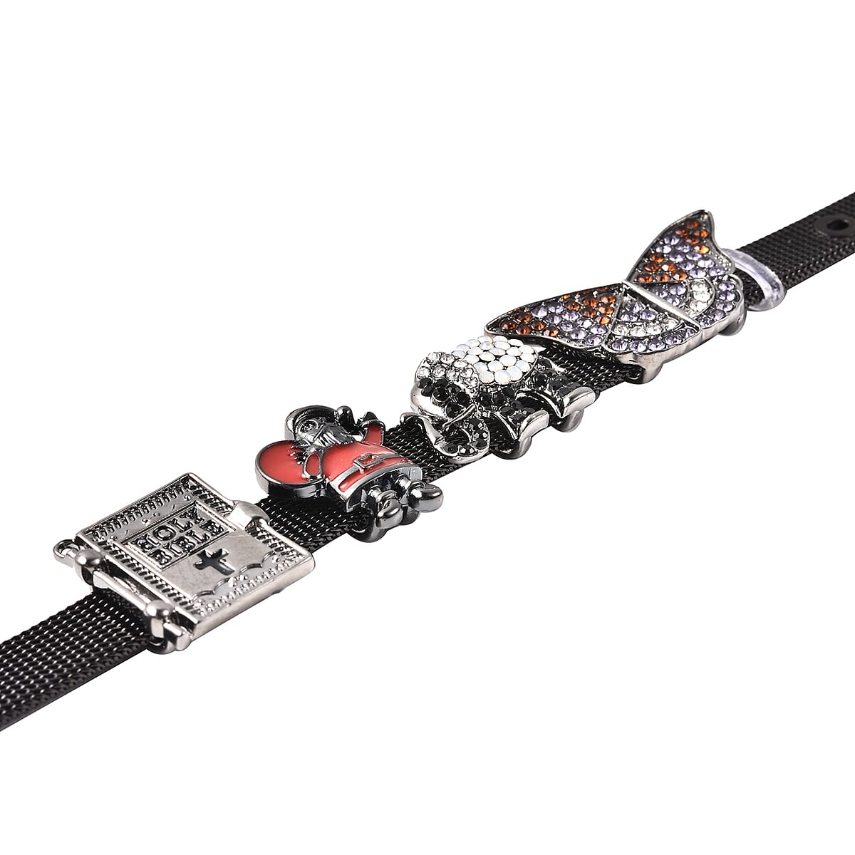 Multi Color Austrian Crystal Enameled Butterfly, Santa, Holy Bible and Elephant Charm Bracelet in Dark Silvertone (6.00-7.50In) image number 5