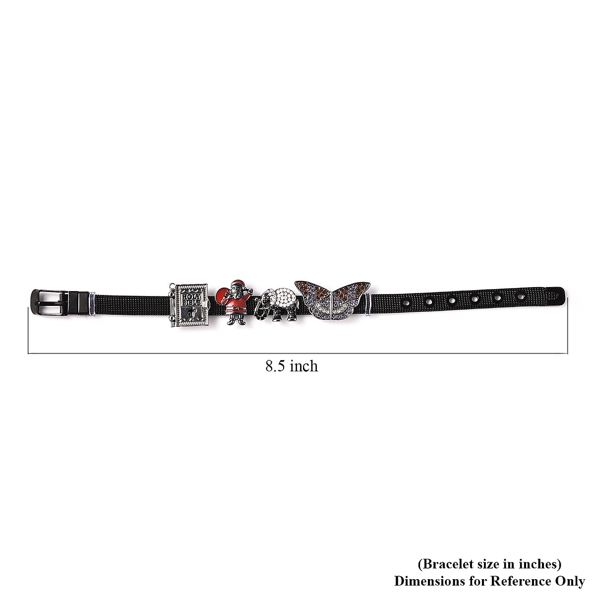 Multi Color Austrian Crystal Enameled Butterfly, Santa, Holy Bible and Elephant Charm Bracelet in Dark Silvertone (6.00-7.50In) image number 6
