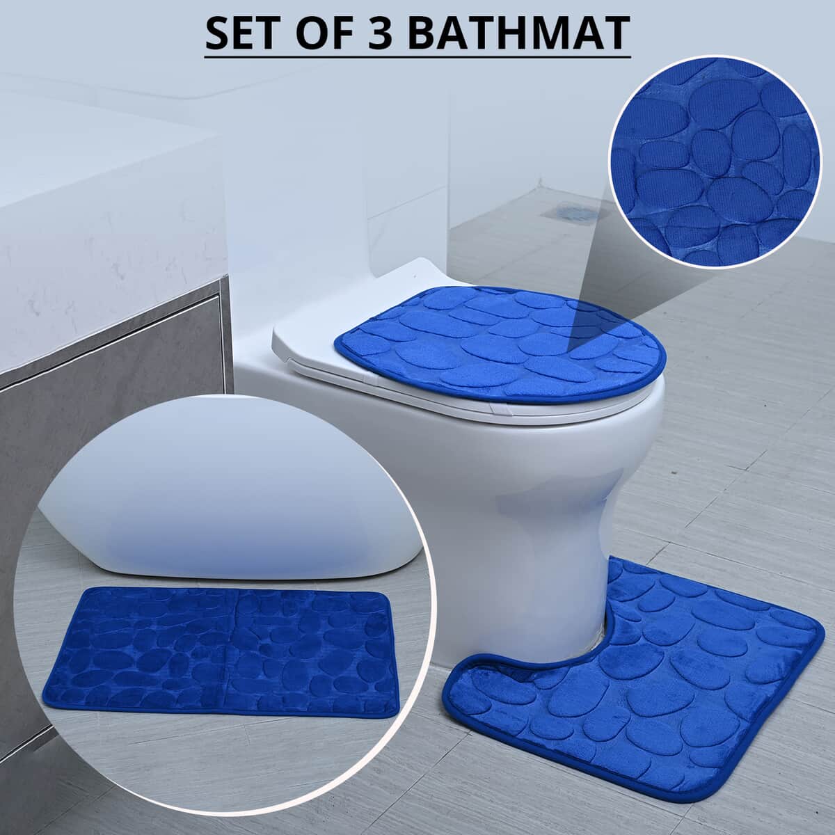 Set of 3 Piece - Blue Polyester Door Mat (19x31"), Toilet Mat (19x15") and Toilet Cover (15x16.5") image number 1