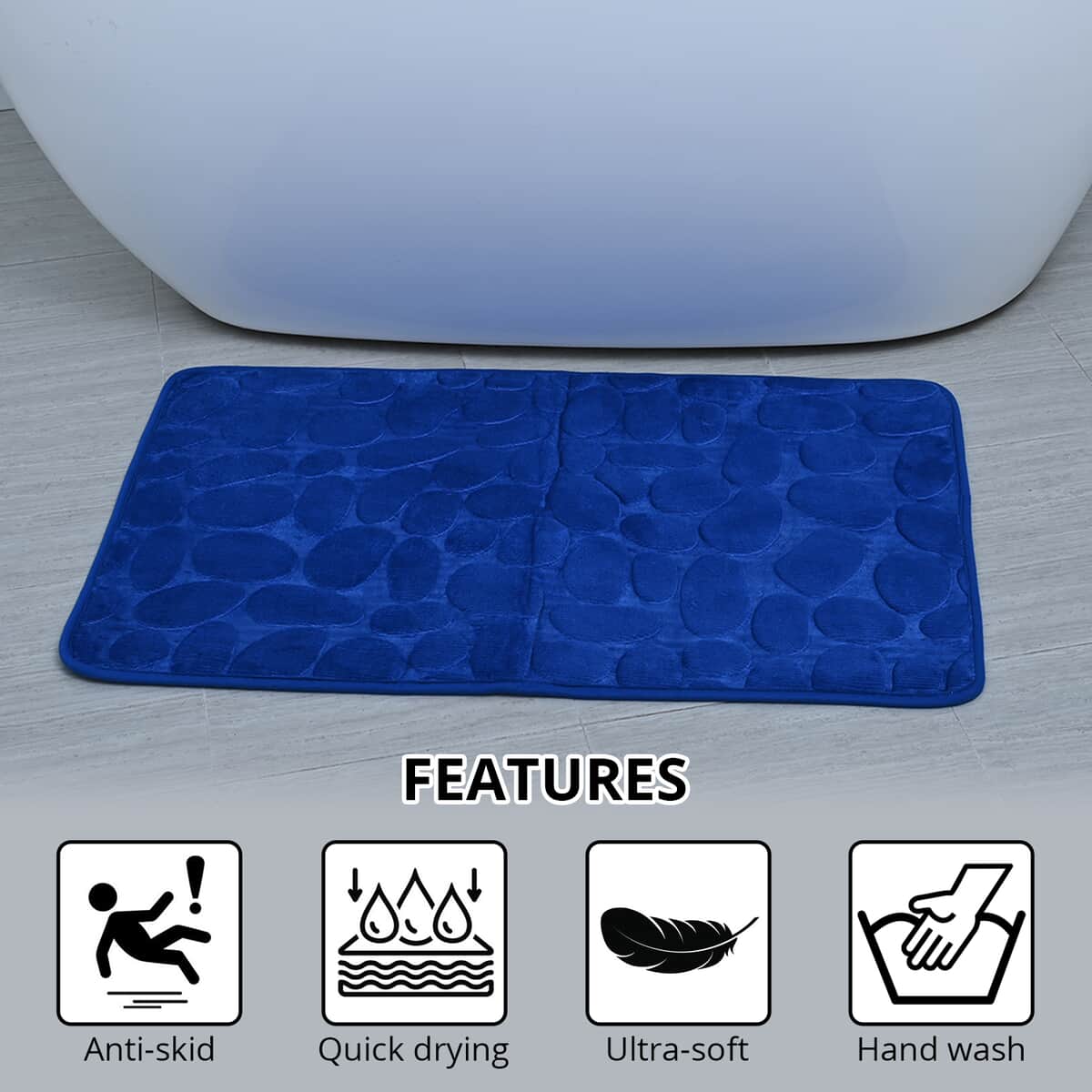 Set of 3 Piece - Blue Polyester Door Mat (19x31"), Toilet Mat (19x15") and Toilet Cover (15x16.5") image number 2