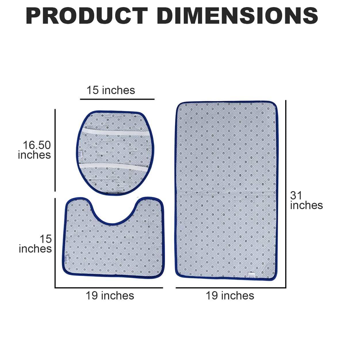 Set of 3 Piece - Blue Polyester Door Mat (19x31"), Toilet Mat (19x15") and Toilet Cover (15x16.5") image number 3