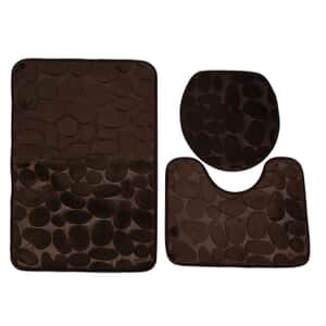 Set of 3 Piece - Dark Brown Polyester Bath Mat, Toilet Mat and Toilet Cover