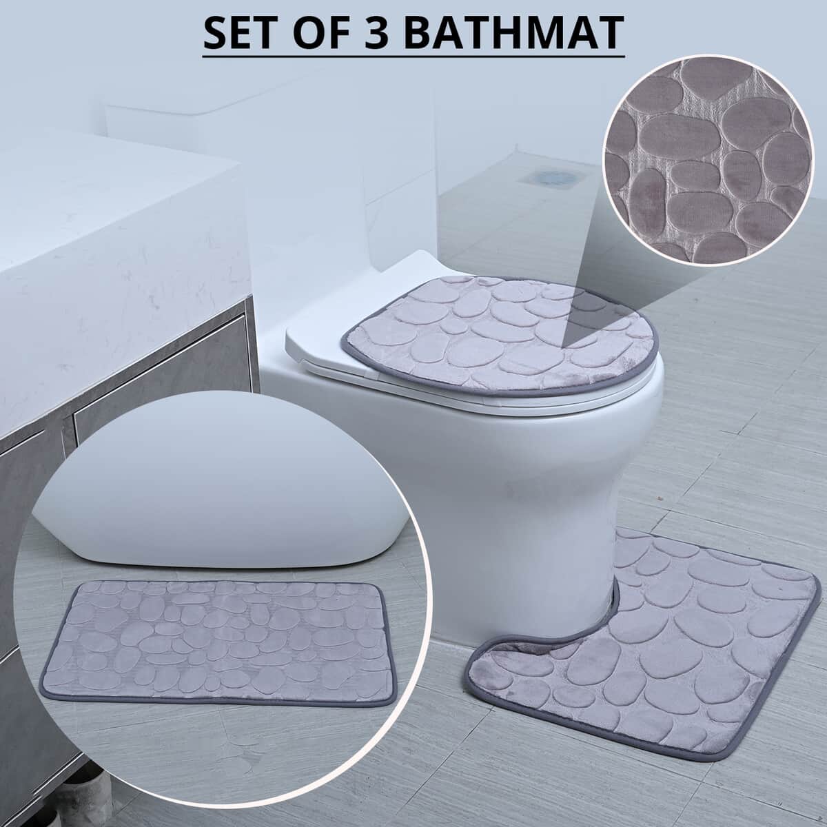 Set of 3 Piece - Gray Polyester Bath Mat, Toilet Mat and Toilet Cover image number 1