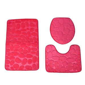 Set of 3 Piece - Fuchsia Polyester Bath Mat, Toilet Mat and Toilet Cover