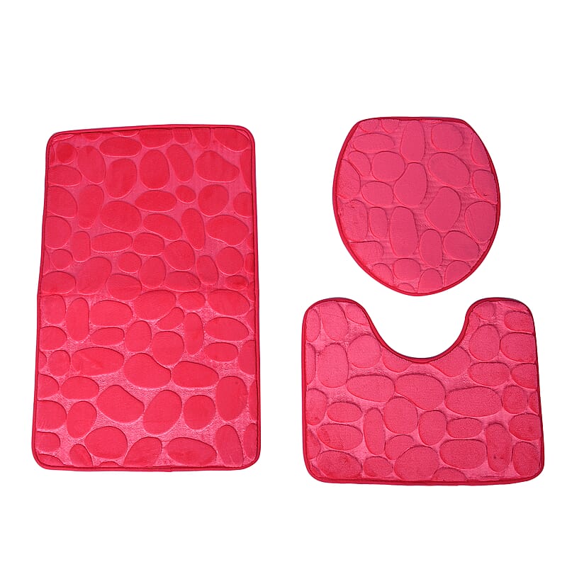 Set of 3 Piece - Fuchsia Polyester Bath Mat, Toilet Mat and Toilet Cover