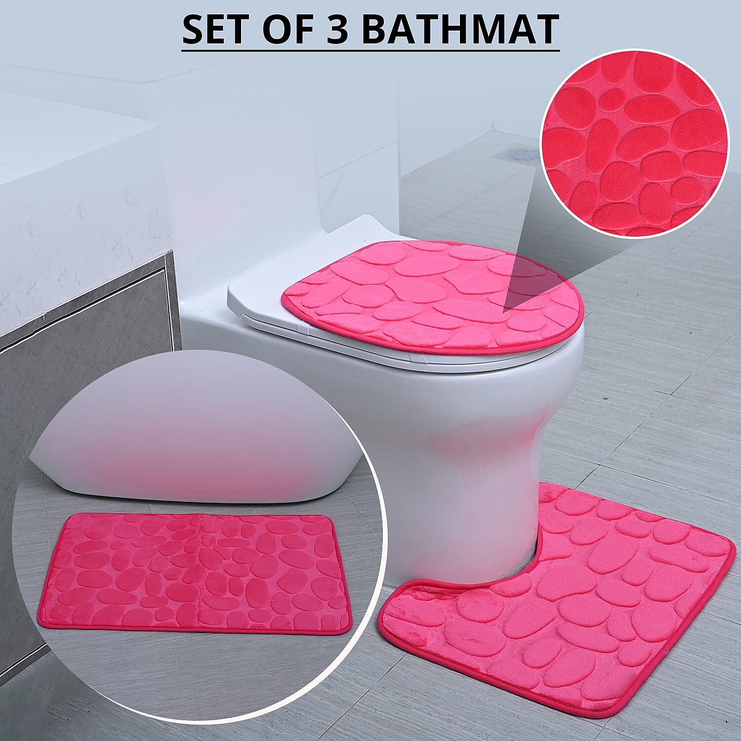 Set of 3 Piece - Fuchsia Polyester Bath Mat, Toilet Mat and Toilet Cover