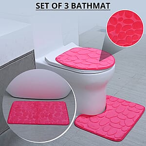 Set of 3 Piece - Fuchsia Polyester Bath Mat, Toilet Mat and Toilet Cover