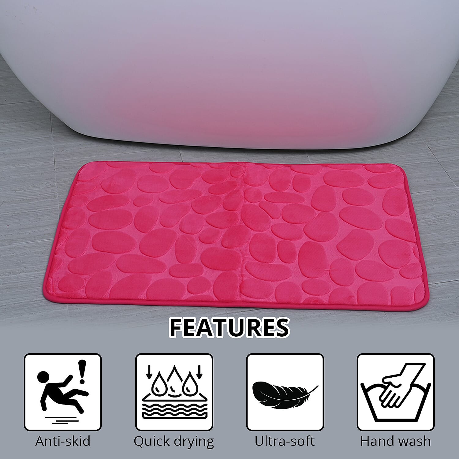 Set of 3 Piece - Fuchsia Polyester Bath Mat, Toilet Mat and Toilet Cover