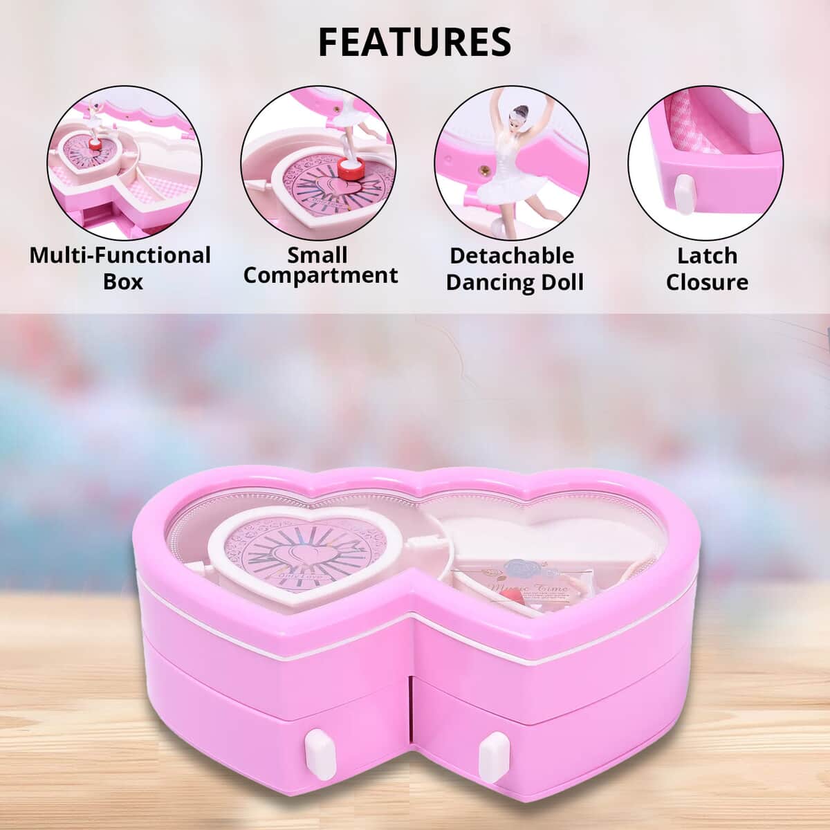 Pink Double Heart Shape Music Box with Removable Magnetic Dancer image number 1