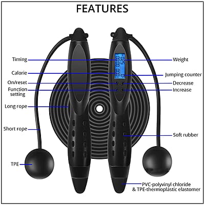 SoulSmart Electric Digital Jump Rope Set (Wireless Short Rope, 9ft Long Rope, Battery & Tool) Black