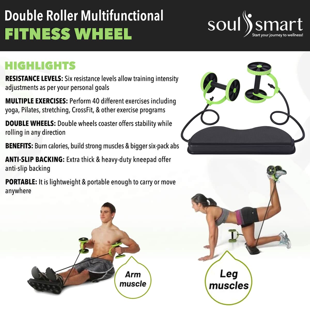 SoulSmart Multifunctional Double AB Roller Wheel Home Fitness Equipment For Abdominal & Full Body Workout Fitness image number 2