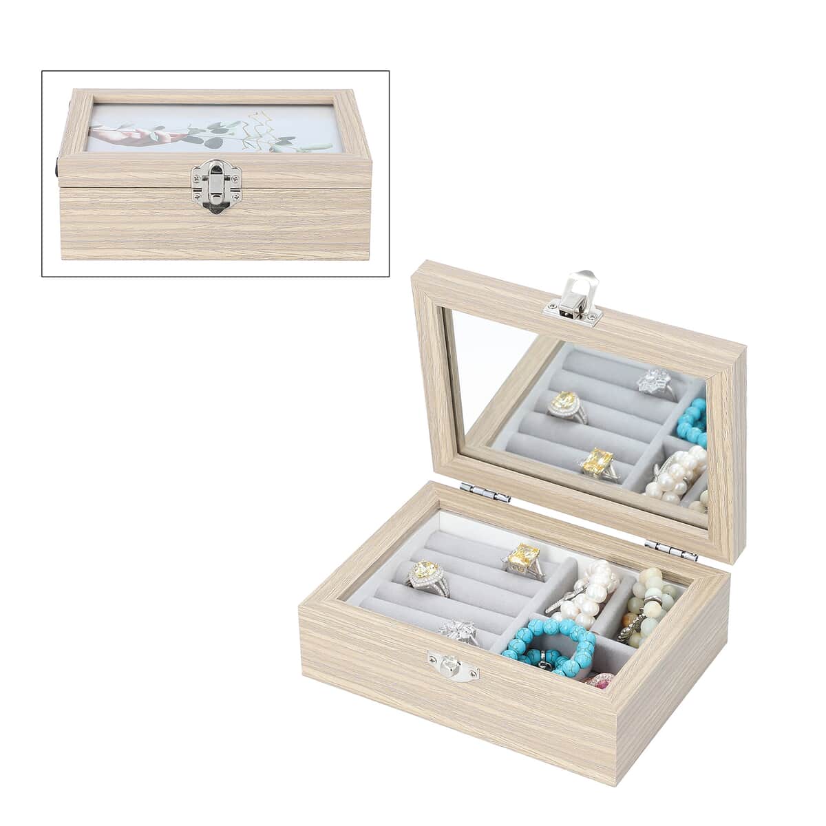 Beige MDF Jewelry Organizer, Storage Box with Lock and Photo frame Lid, Varying compartments For rings, Bracelet, Pendants, and brooches image number 0