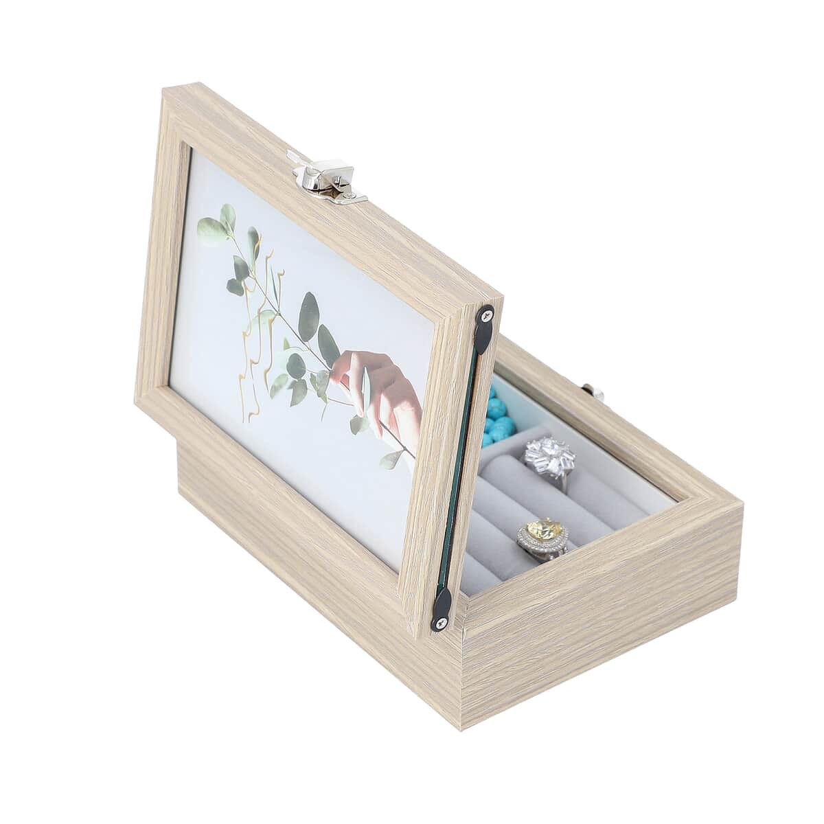 Beige MDF Jewelry Organizer, Storage Box with Lock and Photo frame Lid, Varying compartments For rings, Bracelet, Pendants, and brooches image number 5