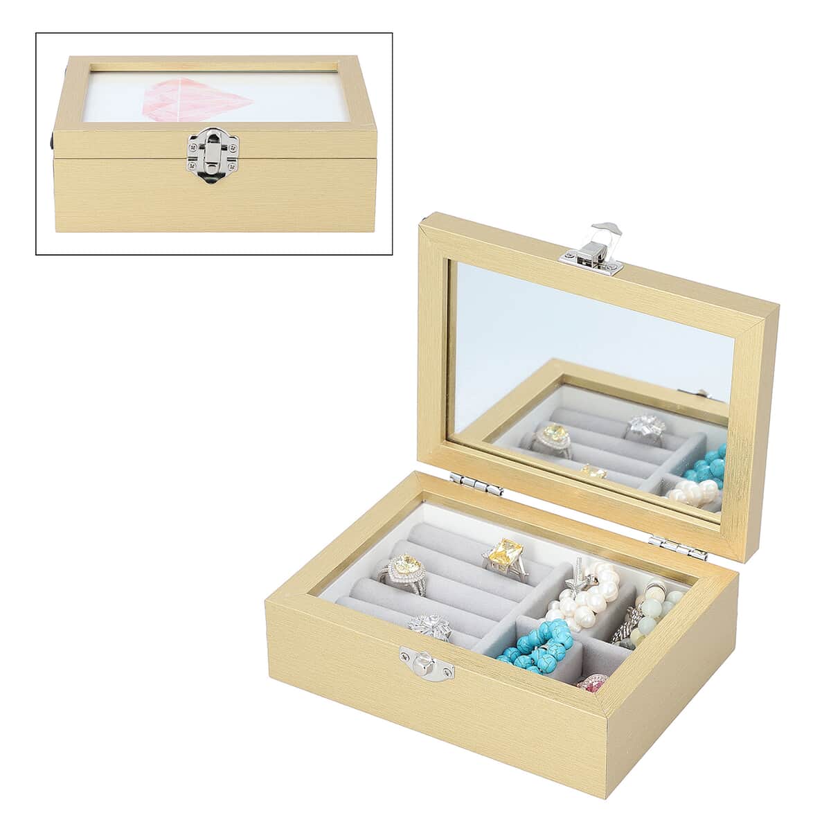 Gold MDF Jewelry Organizer, Storage Box with Lock and Photo frame Lid, Varying compartments For rings, Bracelet, Pendants, and brooches image number 0