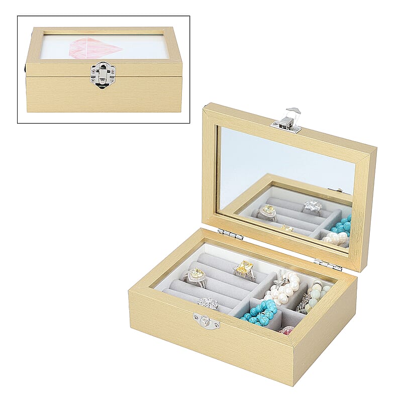Gold MDF Jewelry Organizer, Storage Box with Lock and Photo frame Lid, Varying compartments For rings, Bracelet, Pendants, and brooches